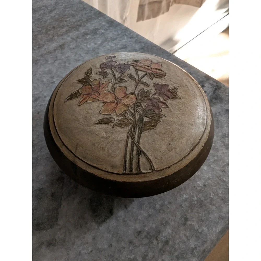 Vintage Cloisonné Brass With Painted Enamel Flower Pattern‎ Round Trinket Box 4